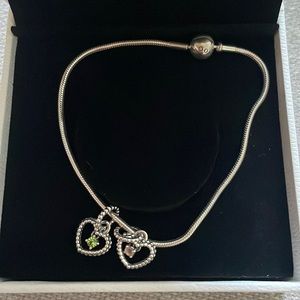 NEW Pandora snake chain silver bracelet with 2 heart charms (pink & green)